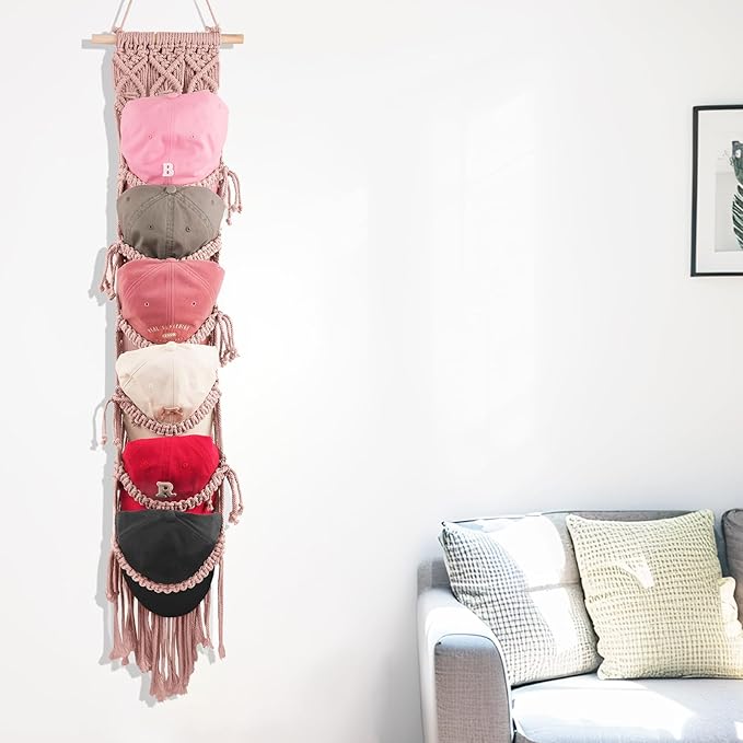 KaloKalo Macrame Cap Holder Boho Hat Hangers Over Door Decorative Bohemian Handmade Ball Cap Rack Organizer Woven Wall Hanging for Baseball Cap Display Decorations (Rose Pink, Up to 12 Caps)
