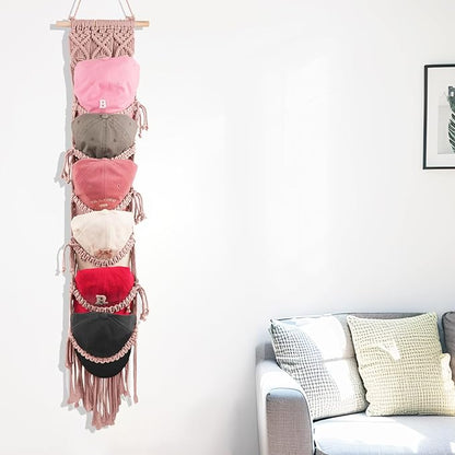 KaloKalo Macrame Cap Holder Boho Hat Hangers Over Door Decorative Bohemian Handmade Ball Cap Rack Organizer Woven Wall Hanging for Baseball Cap Display Decorations (Rose Pink, Up to 12 Caps)