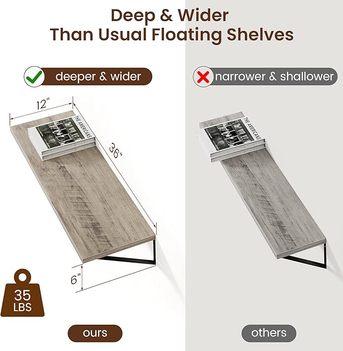 Axeman 12 Inch Deep Floating Shelves for Wall - 36 Inch Wide x 12 Inch Deep Wall Shelves Set of 2 - Rustic Grey Wood Floating Shelves for Living Room
