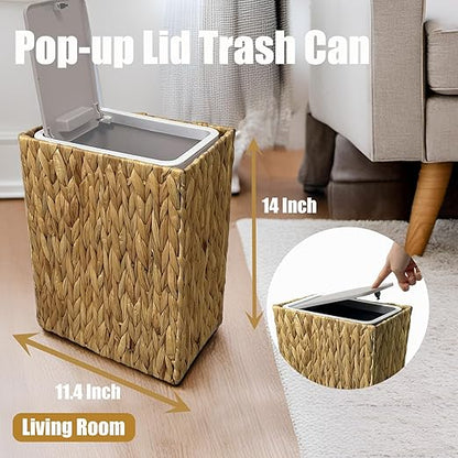 Yatmung Wicker Trash Can with Lid - Bathroom Trash Can with Lid - 3.5 Gallon Rattan Trash Bin - Woven Trash Cans - Waste Basket for Bedroom, Living Room, Office - Press Top - Boho Bathroom Garbage Can