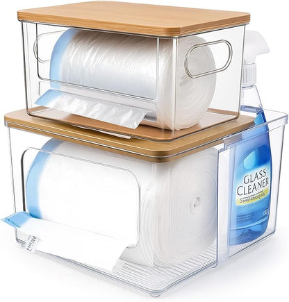 Remerry 2 Pcs Trash Bag Dispenser Holder, 2 in 1 Clear Acrylic Plastic Garbage Bags Container with Bamboo Lid Large Organizer Under Sink Storage Box for Kitchen Laundry Room Pantry Organization