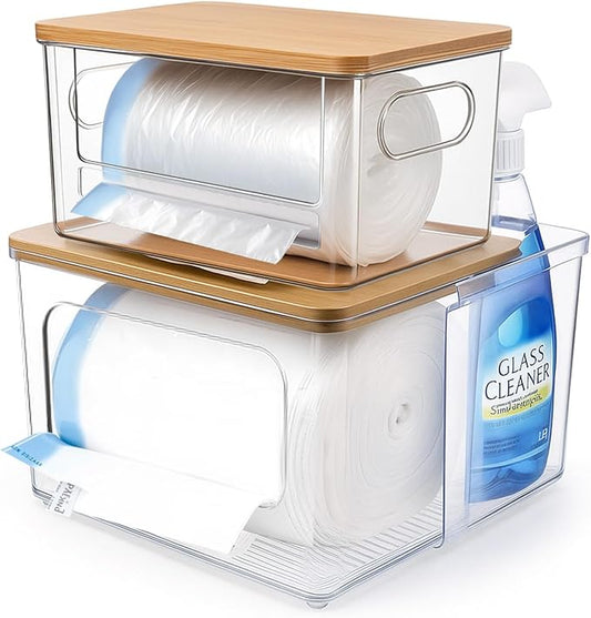 Remerry 2 Pcs Trash Bag Dispenser Holder, 2 in 1 Clear Acrylic Plastic Garbage Bags Container with Bamboo Lid Large Organizer Under Sink Storage Box for Kitchen Laundry Room Pantry Organization