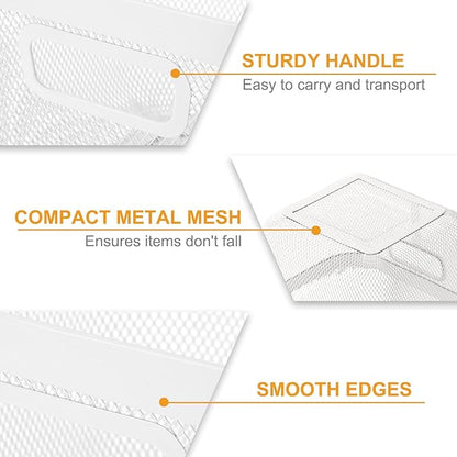 4 Pack Metal Mesh Steel Basket with Hollow Handles Square Wire Mesh Open Bin Fruit Storage Basket for Kitchen Bathroom Picnic Shopping Cabinet Home Items (Large,White)