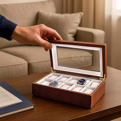Bey-Berk Modena Personalized Cherry Wood 10-Slot Watch Box, Custom Glass-Top Solid Wood Display Case with Velour-Lined Watch Cushions, 14.75" x 8.5" x 3.5"