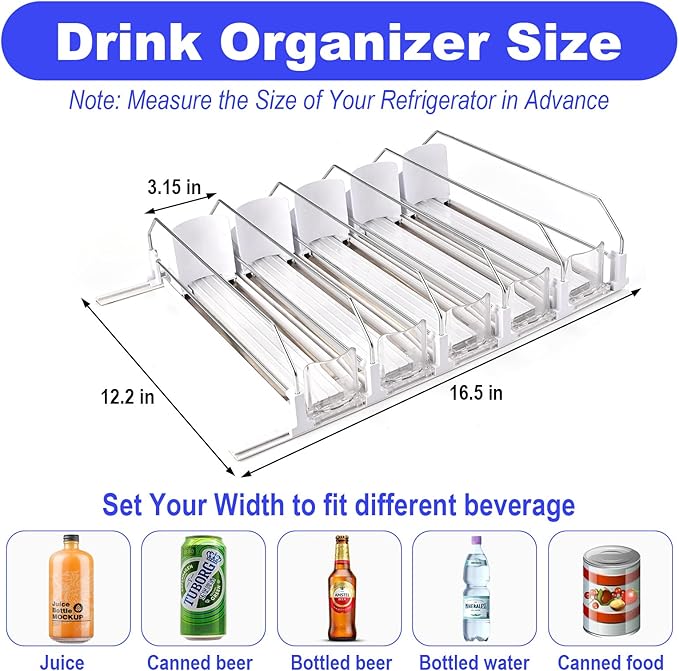 Faburo Drink Organizer for Fridge (Adjustable Width), 16.5” D Soda Can Fridge Drink Organizer, Refrigerator Beverage Organizers and Storage, Drink Dispenser Pop Can Holders for Fridge (5 Rows)