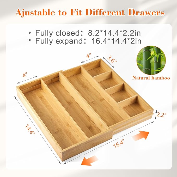 1 Pcs Bamboo Desk Drawer Organizer 2 Inch Height Expandable Drawer Organizer Trays with 7 Adjustable Compartments Desk Accessories for Makeup Silverware Office Bathroom(Wood)