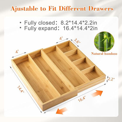 1 Pcs Bamboo Desk Drawer Organizer 2 Inch Height Expandable Drawer Organizer Trays with 7 Adjustable Compartments Desk Accessories for Makeup Silverware Office Bathroom(Wood)
