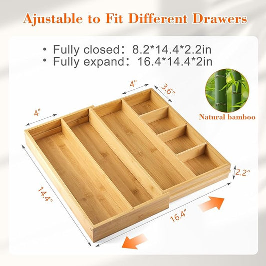 1 Pcs Bamboo Desk Drawer Organizer 2 Inch Height Expandable Drawer Organizer Trays with 7 Adjustable Compartments Desk Accessories for Makeup Silverware Office Bathroom(Wood)