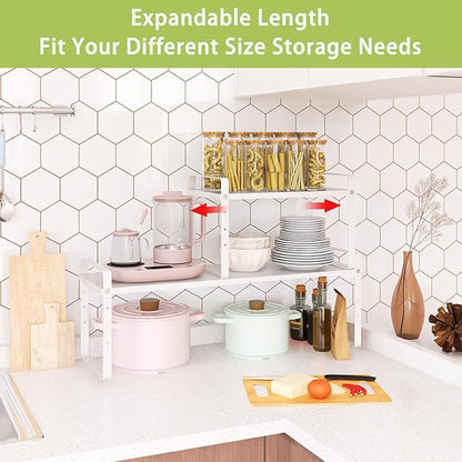 Expandable Cabinet Shelf Organizer Rack, Stackable Kitchen Counter Storage Shelves Stand, Adjustable Height Pantry Shelf Spice Rack (White, 2 Pack)