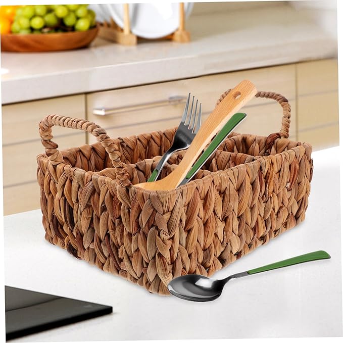 Woven Storage Basket for Tableware Divided Hyacinth Cutlery Organizer Practical Silverware Basket for Kitchen and Dining Natural Material Rustic Home Decor