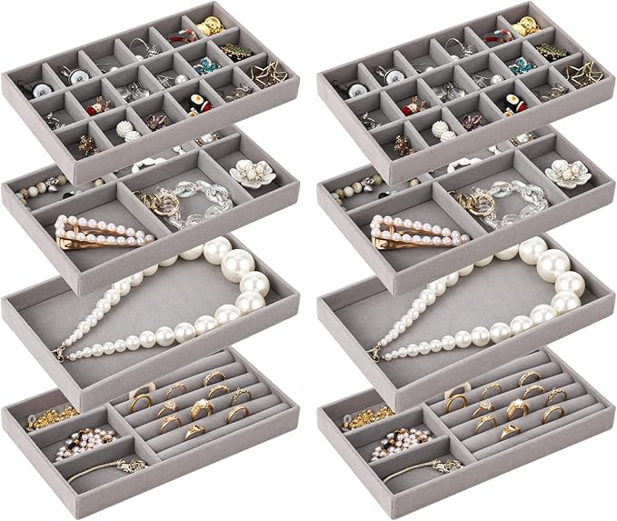 8 Pcs Jewelry Drawer Organizers, Velvet Jewelry Trays for Drawer, Stackable Jewelry Trays Ideal for Rings, Earrings, Bracelets, Necklaces, Grey (Gray)