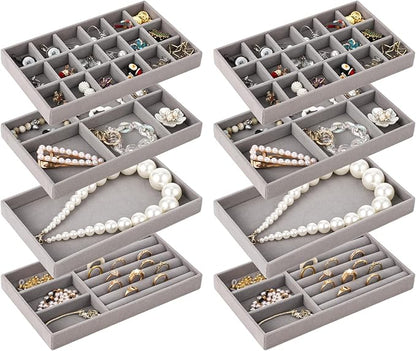 8 Pcs Jewelry Drawer Organizers, Velvet Jewelry Trays for Drawer, Stackable Jewelry Trays Ideal for Rings, Earrings, Bracelets, Necklaces, Grey (Gray)