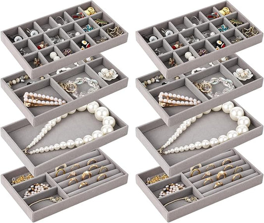 8 Pcs Jewelry Drawer Organizers, Velvet Jewelry Trays for Drawer, Stackable Jewelry Trays Ideal for Rings, Earrings, Bracelets, Necklaces, Grey (Gray)