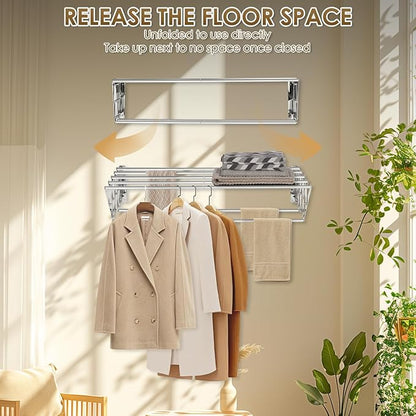 XL-31.5" Wall Mounted Clothes Drying Rack, 130 LBS Large Capacity Rustproof Retractable Clothes Rack, Collapsible Drying Rack Easy to Install with 7 Drying Rods, Space Saving for Laundry-White