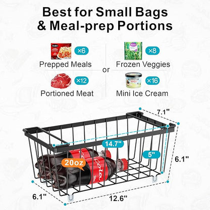 iSPECLE Freezer Storage Bins - 6 Pack Small Stackable Deep Freezer Organizer Bins for Most 7 Cu.FT Chest Freezer Sort Frozen Food, Freezer Basket with Handles Easy to Get Food from Bottom, Black