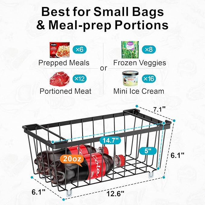 iSPECLE Freezer Organizer Bins - 8 Pack Small Stackable Deep Freezer Organizer Bins for 7 Cu.Ft Freezers Easy Get Bottom Foods without Digging, Chest Freezer Organizer Prevent Frozen Food Waste, Black