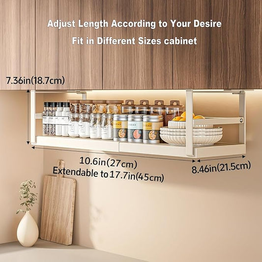 Hanging Under Shelf Storage Basket, Adjustable Width Under Cabinet Add-on Storage Racks, Heavy Duty Slide-in Baskets Organizer for Cabinet Pantry Kitchen, 1 Pack, 8.46"D x 10.6"W x 7.36"H