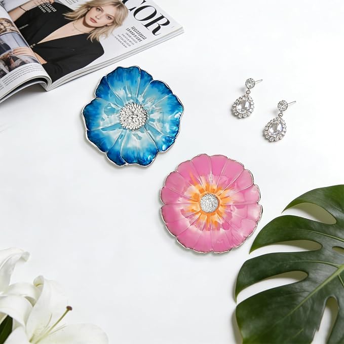 LARAINE Jewelry Dish Display Trinket Tray Flower Home Decorative Organizer Gift Necklace Earring Rings Holder Storage 3.15" (2 Piece Set (Pink+Blue))