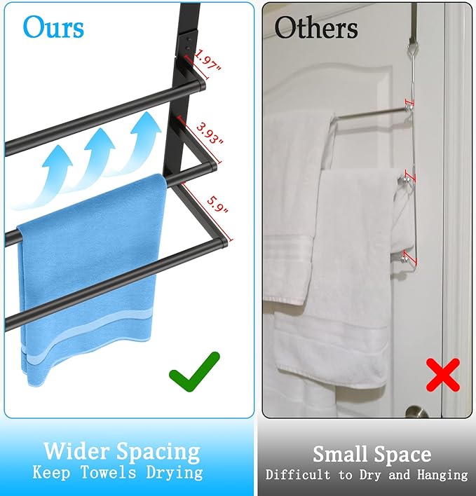 24Inch Over The Door Towel Rack, Stainless Steel DOKU Door Towel Hanger, Over Door Towel Holder with 3 Tier Towel Bars, Matte Black Over Door Towel Storage for Bathroom