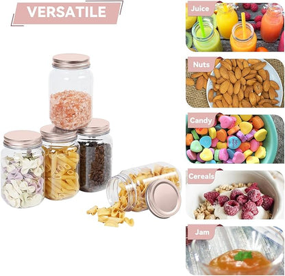 novelinks 16 oz Clear Plastic Jars with Lids, Refillable 16oz Mason Jars with Lids & Storage Containers for Kitchen & Household Use (20 Pack,Rose Gold)