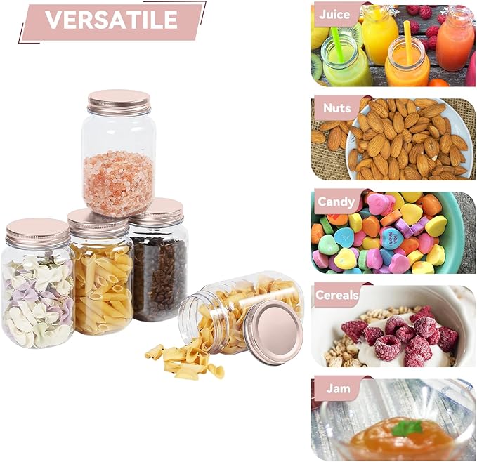 novelinks 16 oz Clear Plastic Jars with Lids, Refillable 16oz Mason Jars with Lids & Storage Containers for Kitchen & Household Use (24 Pack,Rose Gold)