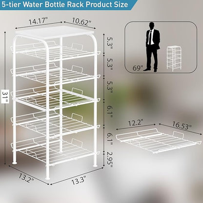 Vrisa 5 Tier Water Bottle Storage Rack Vertical Freestanding Bottled Water Organizer Large Capacity Beverage Drink Soda Can Holder Stand for Kitchen Pantry Home Party Food Storage, White