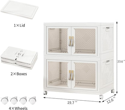 Vavkorkula Large Clear Stackable Storage Bins with Lids, 90QT-45QT*2Tier Foldable Cabinet for Closet Organizers, Plastic Storage Box with Wheels White