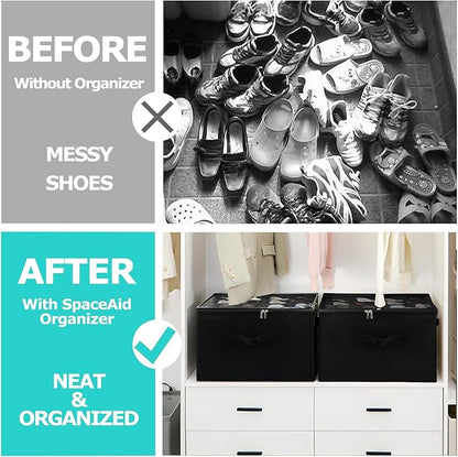 Fewile Shoe Organizer for Closet, Fits up to 12 Pairs, Foldable Shoe Storage Containers with Clear Cover, Large Adjustable Shoe Box Organizers, Space Saving Shoes Holder