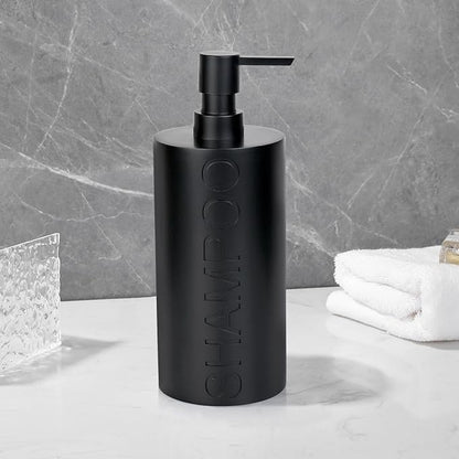 Indecor Home Matte Black Shampoo Dispenser Modern Refillable Pump Bottle with Embossed Text, Durable Resin Construction for Bathroom and Kitchen
