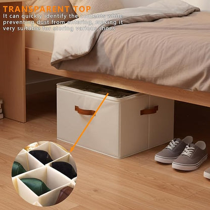 SEIUGDEF Shoe Organizer for Closet with Adjustable Dividers & Clear Cover - Fits up to 16 Pairs, Foldable Storage Box (Beige)