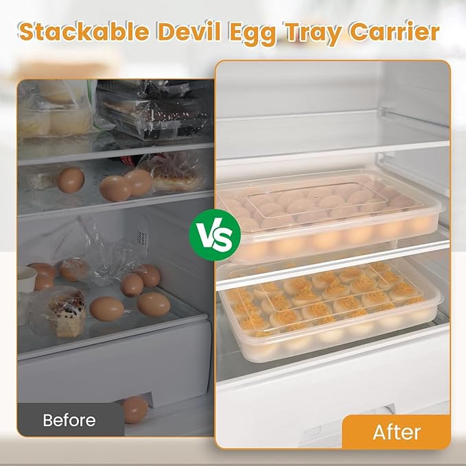 HANSGO Deviled Egg Containers with Lid, Set of 2, Plastic Clear Deviled Egg Tray Holder Carrier for 60 Eggs, Suitable for Refrigerator, Home, Party, Kitchen Supplies, Stackable & Portable