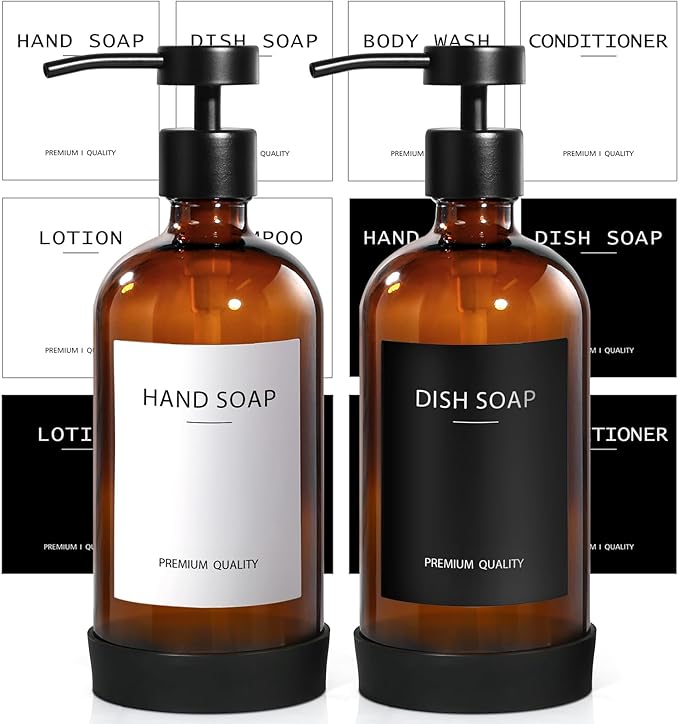 RYTOXILO Amber Glass Soap Dispenser 2 Pack, Hand Soap Dispenser Bathroom with Stainless Steel Pump, 16.9 Fl oz Hand and Dish Soap Dispensers Set Kitchen, Modern Brown Soap Lotion Dispensers Bottle