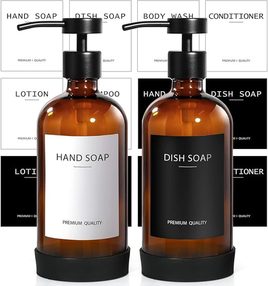RYTOXILO Amber Glass Soap Dispenser 2 Pack, Hand Soap Dispenser Bathroom with Stainless Steel Pump, 16.9 Fl oz Hand and Dish Soap Dispensers Set Kitchen, Modern Brown Soap Lotion Dispensers Bottle