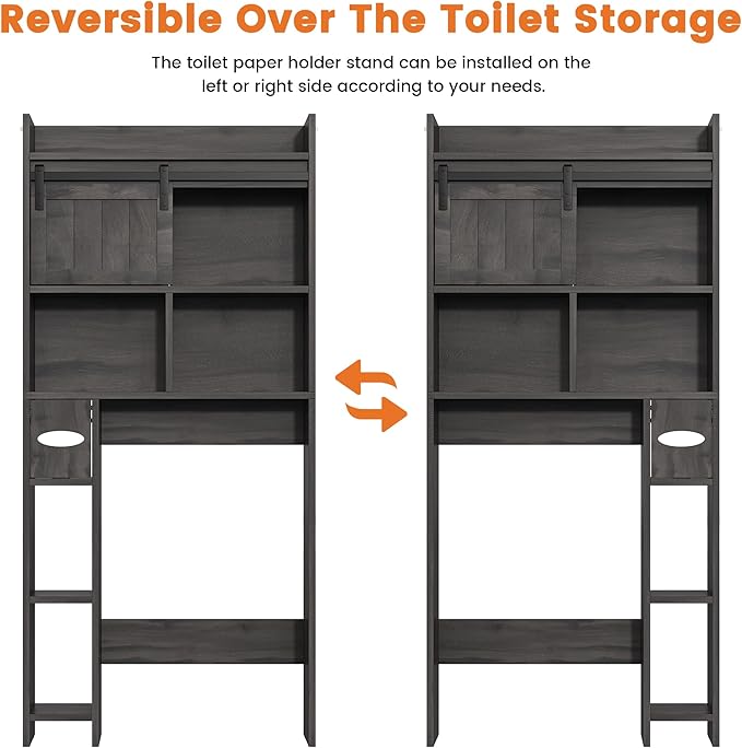Semoic Over The Toilet Storage Cabinet, Over The Toilet Shelf with Sliding Door & Toilet Paper Holder Stand, Bathroom Above Toilet Storage, Home Space-Saving Toilet Rack for Bathroom, Restroom, Grey
