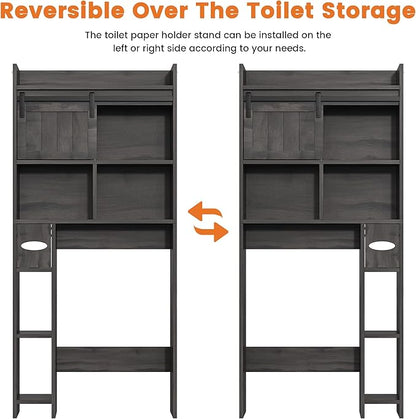 Semoic Over The Toilet Storage Cabinet, Over The Toilet Shelf with Sliding Door & Toilet Paper Holder Stand, Bathroom Above Toilet Storage, Home Space-Saving Toilet Rack for Bathroom, Restroom, Grey