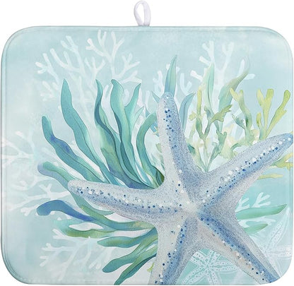Wnoesat Summer Coastal Dish Drying Mat for Kitchen Counter Nautical Beach Starfish Coral Dish Drying Pad Ocean Teal Blue Dish Mat Absorbent Microfiber Dishes Drainer Mats 16"x18"