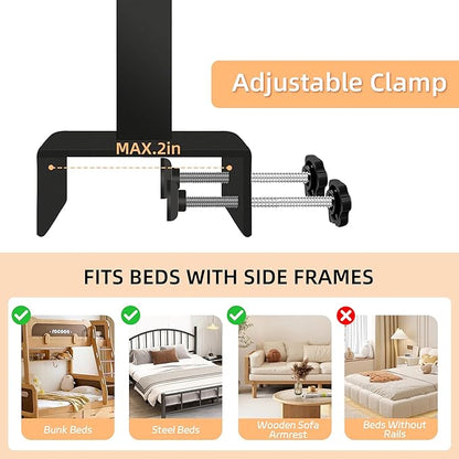 AmaCielo Adjustable Bedside Shelf for Bed, College Dorm Room Essentials, Bamboo Bed Side Tray Table with Sturdy Metal Pole, Clip On Nightstand Organizer for College, Apartment, Bunk Beds