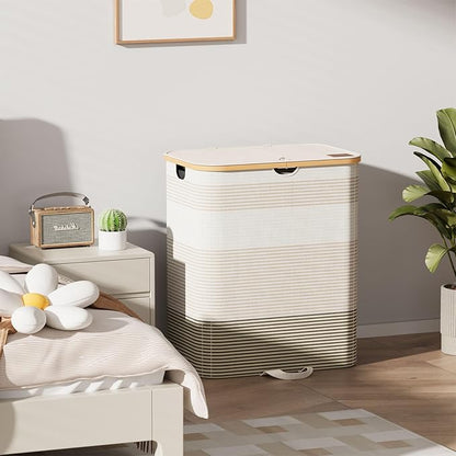 Double Laundry Hamper with Lid and Removable Bags, 150L Large Collapsible 2 Dividers Dirty Clothes Basket with Handles, Beige Double Laundry Basket Organizer for Bedroom,Laundry Room,College