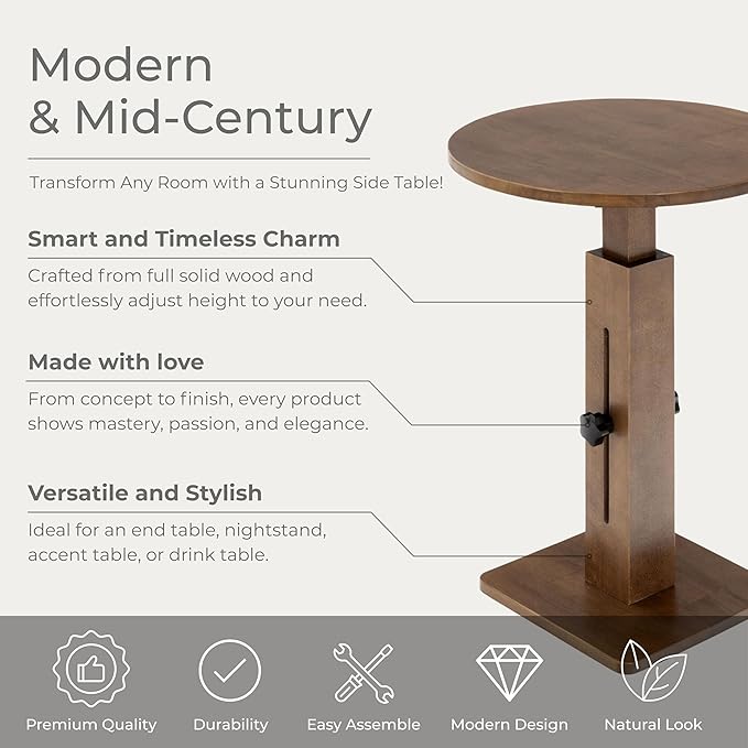 Behomes Aurin Solid Wood Nightstand, Mid Century Modern Side Table with Adjustable Height, Couch End Table, Accent Bedside Table for Bedroom, Living Room, Round Top, Walnut
