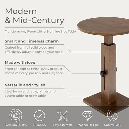 Behomes Aurin Solid Wood Nightstand, Mid Century Modern Side Table with Adjustable Height, Couch End Table, Accent Bedside Table for Bedroom, Living Room, Round Top, Walnut