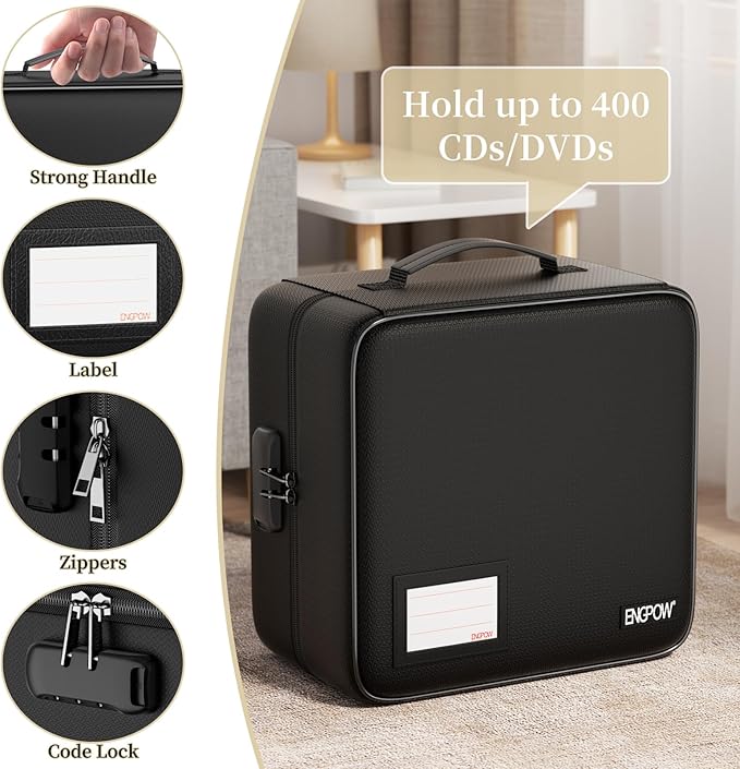 ENGPOW CD/DVD Storage Case with Lock,Fireproof CD/DVD Case Binder,400 Capacity CD Organizer Binder DVD Storage Holder with Zipper＆Handle,Portable Storage Binder Safe for Home Office Travel Car,Black