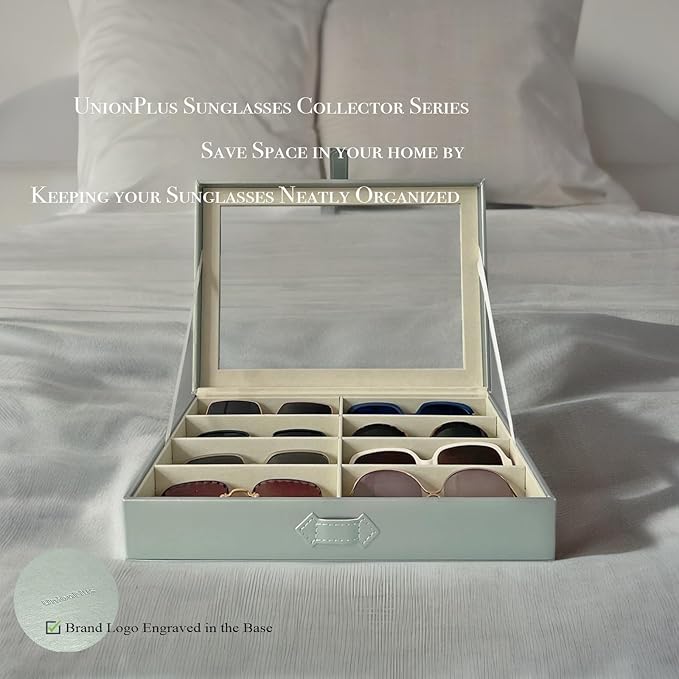 UnionPlus 8-Slots Sunglasses Case Organizer, Eyeglass Glasses Display Holder Collector, Multiple Sunglasses Storage Case, Pearly-lustre Green