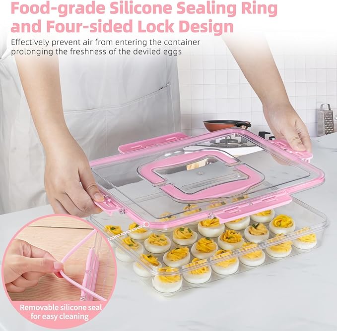 2 Pack Deviled Egg Containers with Lid and Handle, Durable Clear Plastic Deviled Egg Carrier Storage 48 Eggs, Stackable Egg Holder for Fridge, Portable Tray Platter for Party & Picnics-Pink