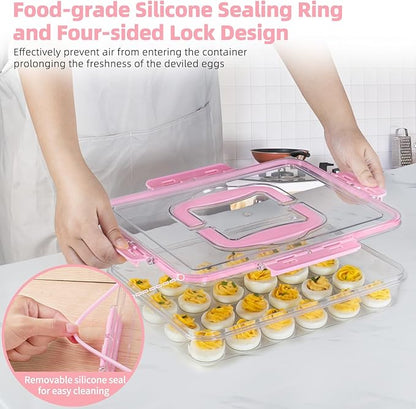 2 Pack Deviled Egg Containers with Lid and Handle, Durable Clear Plastic Deviled Egg Carrier Storage 48 Eggs, Stackable Egg Holder for Fridge, Portable Tray Platter for Party & Picnics-Pink
