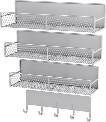 4 Pack Magnetic Shelves for Washing Machine, Heavy-Duty Magnetic Laundry Organizer with Hooks, Washing Machine Shelf for Refrigerator, Metal Storage Baskets, Closet & Laundry Room Organization (Grey)