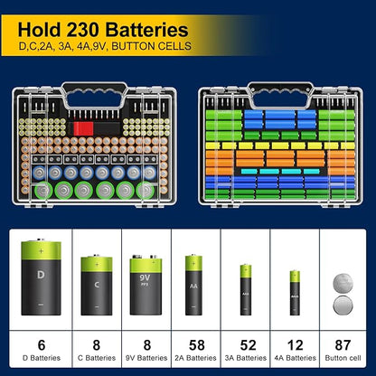 Battery Organizer Storage Holder Box Case with Tester, Stores & Protects Up to 260 Batteries, Double-Sided, Clear Locking Lid, Secure Latches & Portable Carrying Handle (Batteries Not Included)
