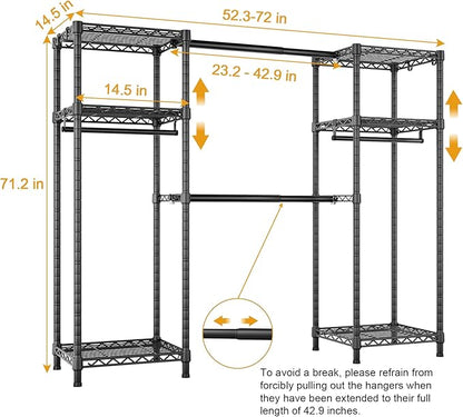Ulif E7 Garment Rack, Heavy Duty Clothes Storage System with Extendable Hangers Rods, Metal Clothe Rack with 6 Wire Shelves, (52.3"-72") W x 14.5" D x 71.2" H, Load 838 LBS
