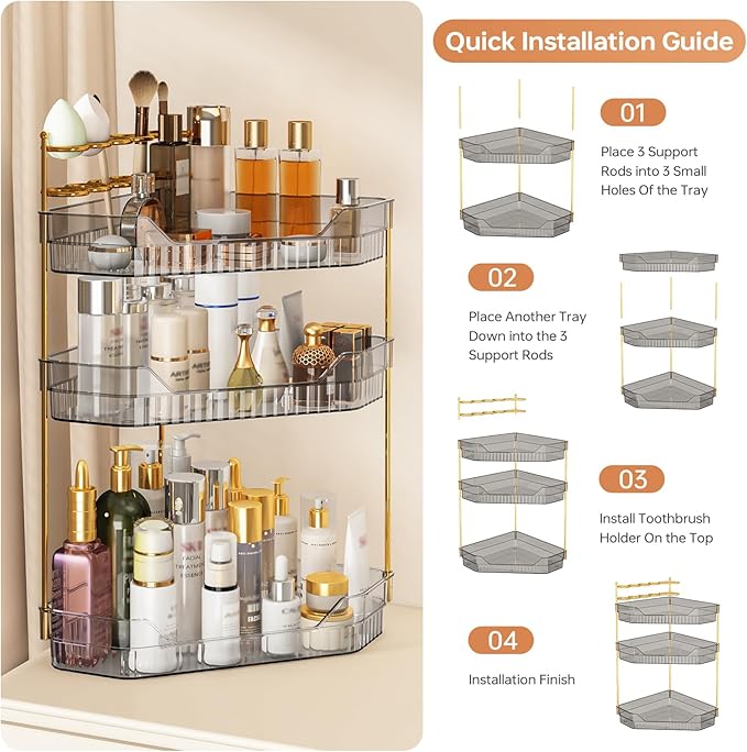 ZZWILLB Corner Bathroom Counter Organizer with Makeup Brush Holder & Toothbrush Holders, Makeup Organizer for Vanity Countertop, Acrylic Skincare Storage Shelf (Grey, 3-Tier)