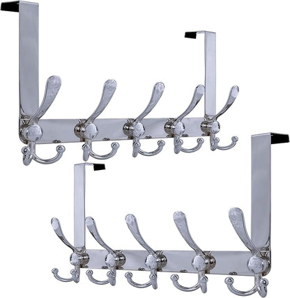 Dseap Over Door Hook 2.0 - Upgraded Version - Simple-Assembly, Strong, Heavy-Duty Stainless Steel 5-Tri-Hook Over The Door Hanger Rack, SimpleStrong Series, Chromed, Pack of 2