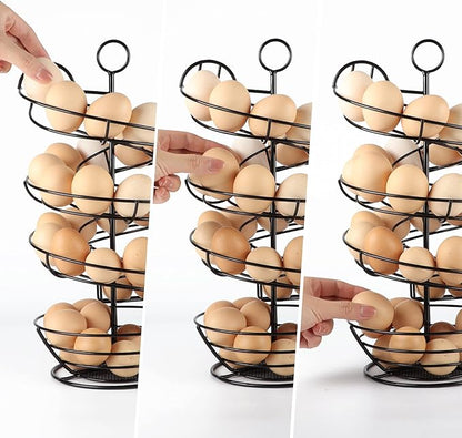 QUTREY Black Metal Egg Holder Countertop, Fresh Egg Skelter, Spiral Design Egg Dispenser Rack with Storage Basket for Kitchen